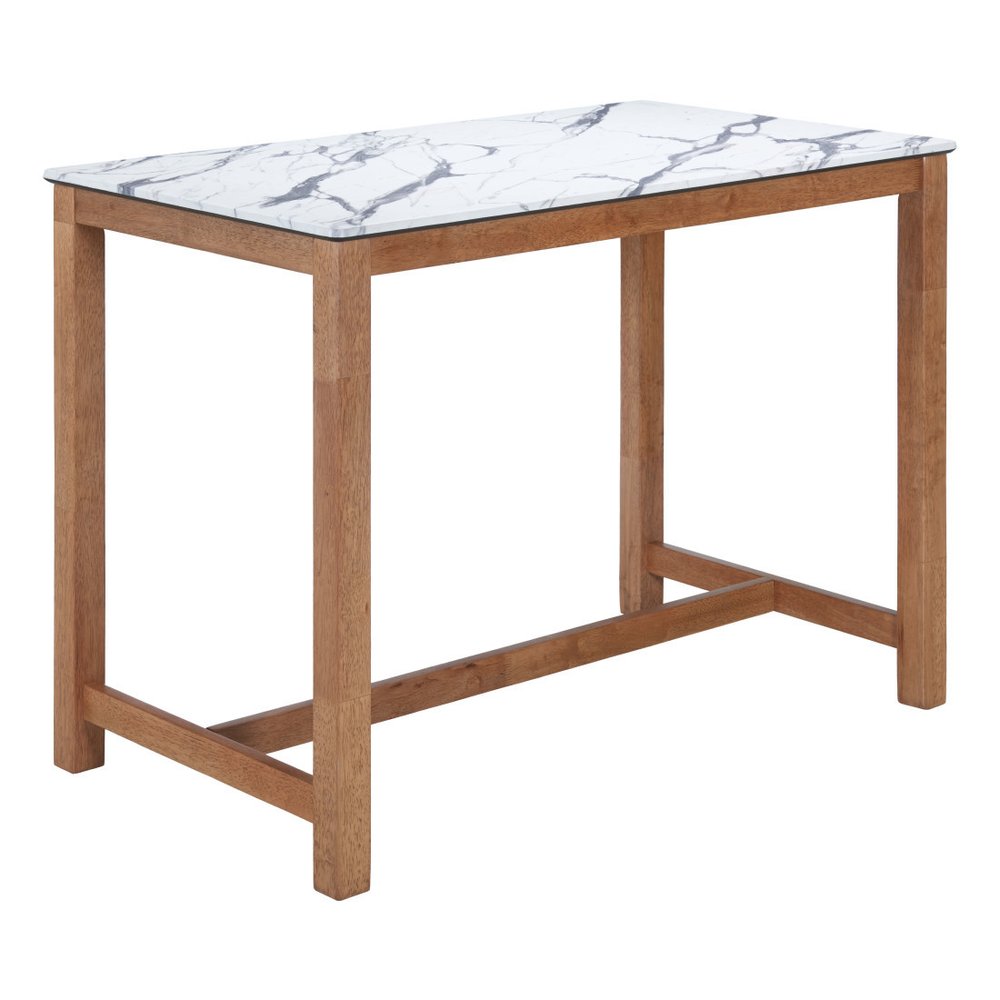 48" White and Natural Faux Marble and Solid Wood Rectangular Bar Table. Bar & restaurant table isolated on a plain white background, finished in white wood.