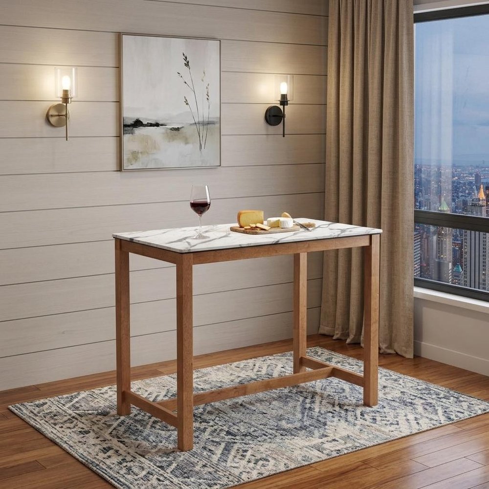48" White and Natural Faux Marble and Solid Wood Rectangular Bar Table shown outdoors on a tiled patio.