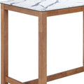 Rectangular bar table with white faux marble top and natural solid wood frame against a white background.