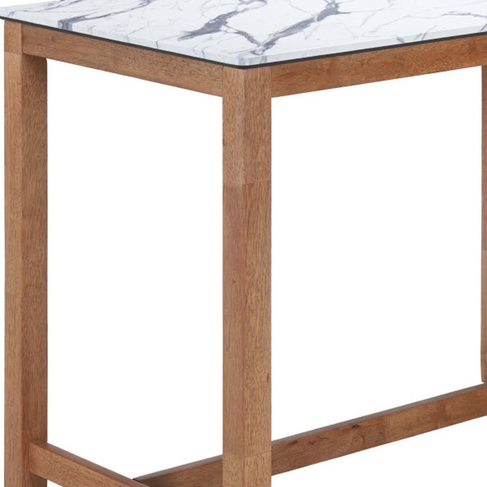 Rectangular bar table with white faux marble top and natural solid wood frame against a white background.