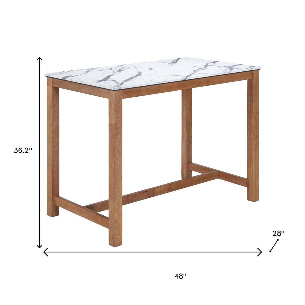 48" White and Natural Faux Marble and Solid Wood Rectangular Bar Table. Bar & restaurant table isolated on a plain white background, showing a white wood surface.