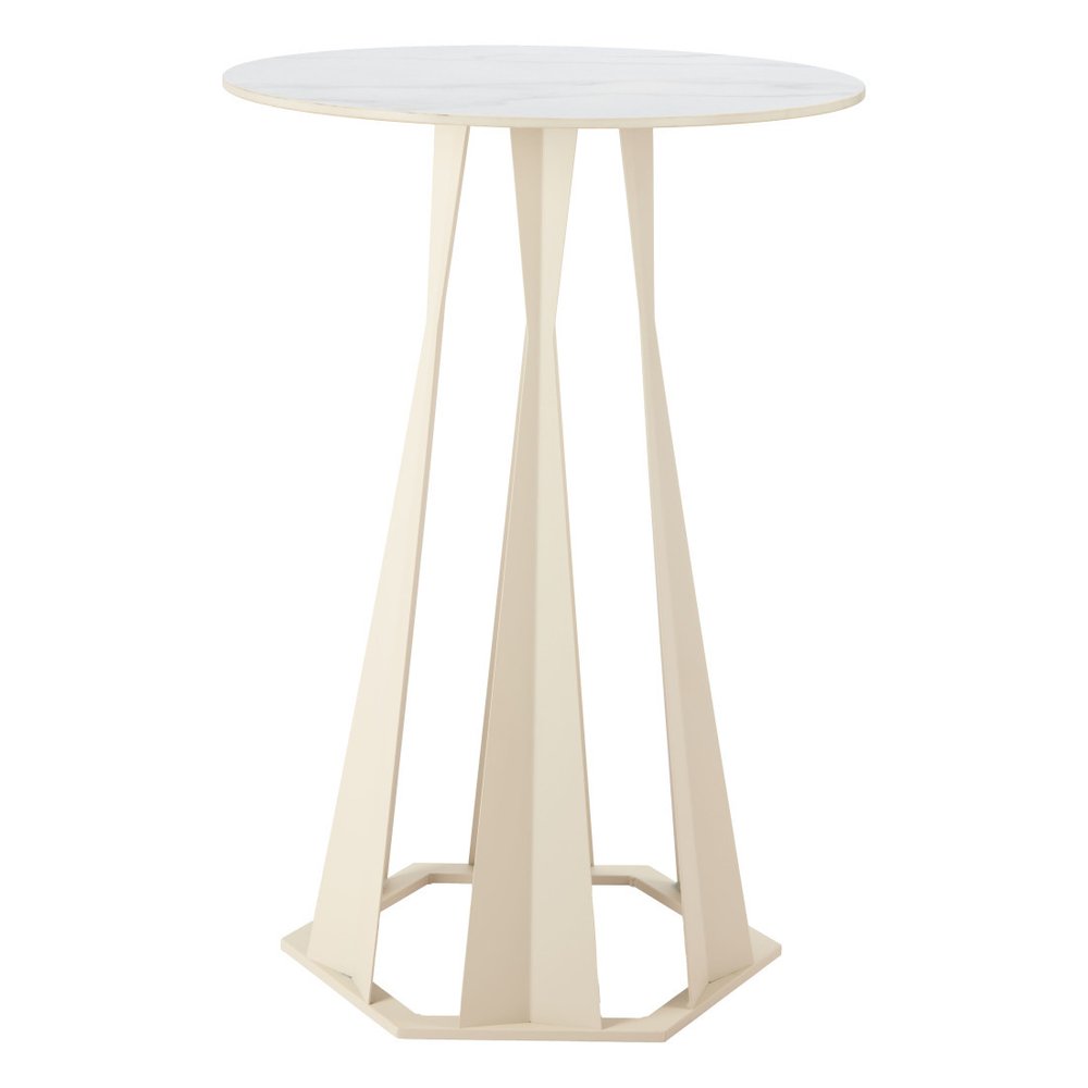 26" White Faux Marble and Steel Rounded Bar Table. Bar & restaurant table isolated on a plain white background, in a white metal finish.
