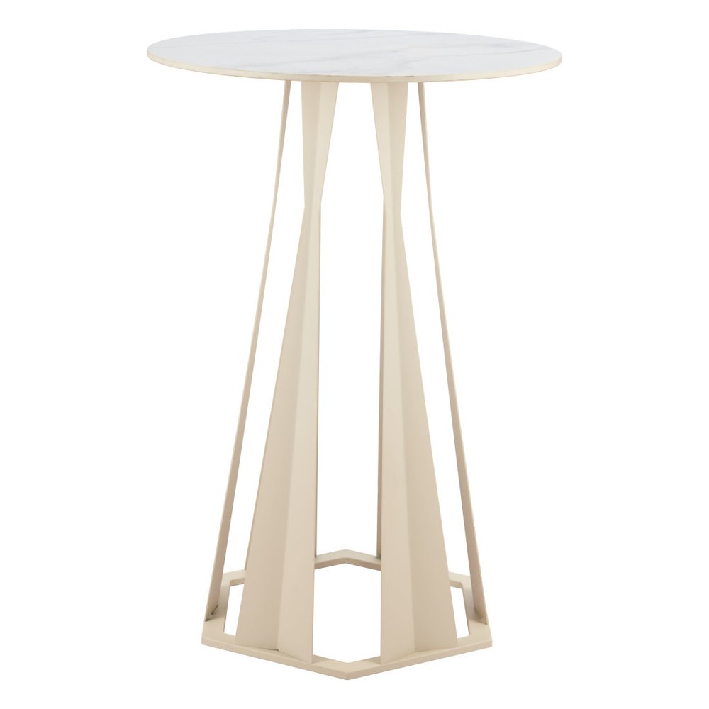 26" White Faux Marble and Steel Rounded Bar Table. Bar & restaurant table isolated on a plain white background, showing a white metal surface.