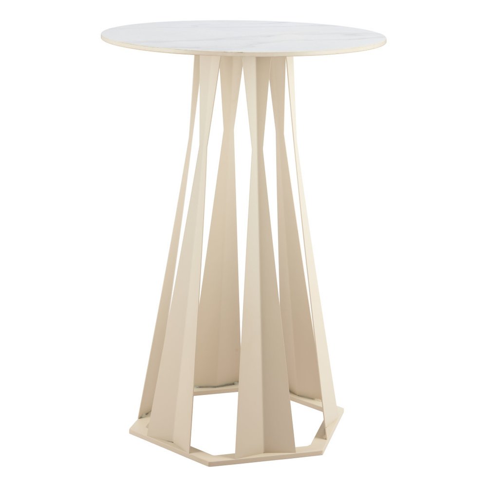 26" White Faux Marble and Steel Rounded Bar Table. Bar & restaurant table isolated on a plain white background, finished in white metal.