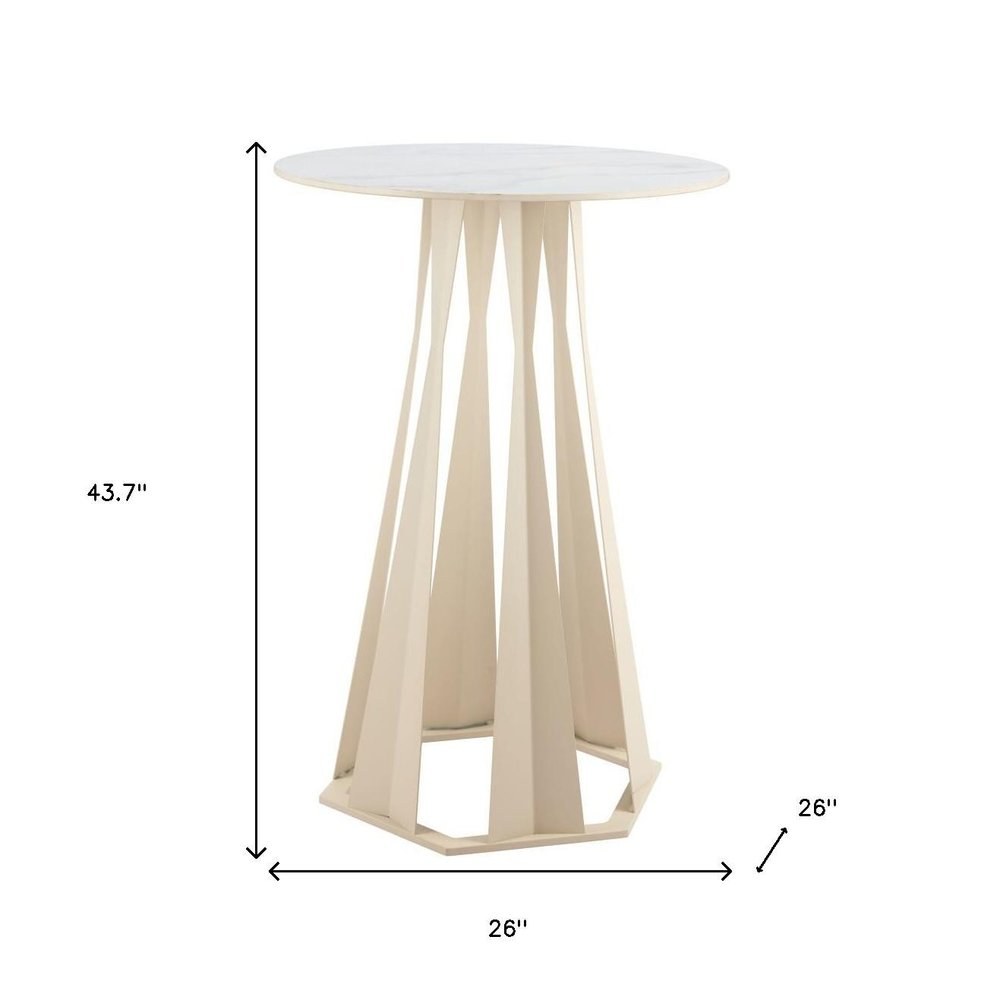 26" White Faux Marble and Steel Rounded Bar Table. Bar & restaurant table isolated on a plain white background, showing a white metal surface.
