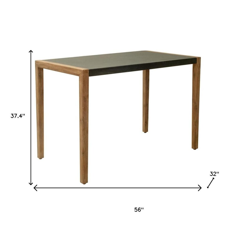 56" Gray And Natural Faux Concrete And Solid Wood Outdoor Bar Table. Outdoor table isolated on a plain white background, finished in gray wood.