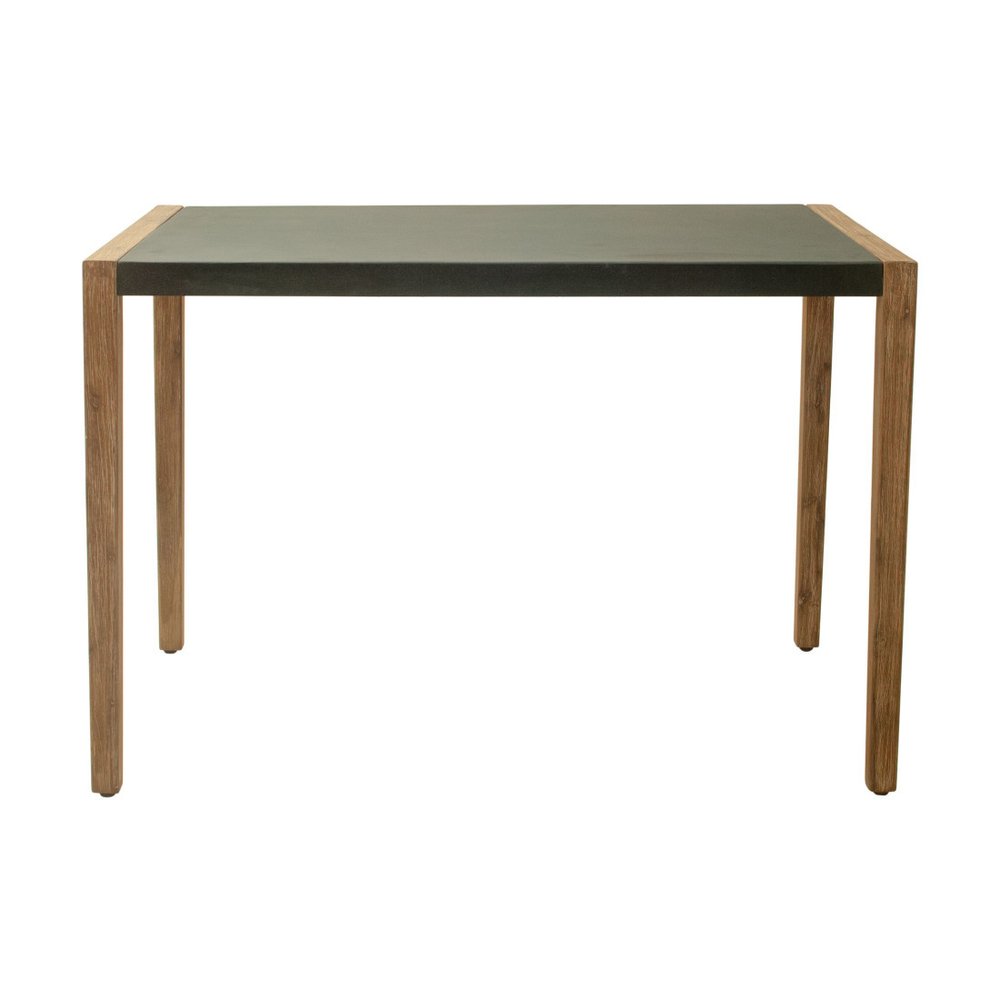 56" Gray And Natural Faux Concrete And Solid Wood Outdoor Bar Table. Outdoor table isolated on a plain white background, showing a tan wood surface.