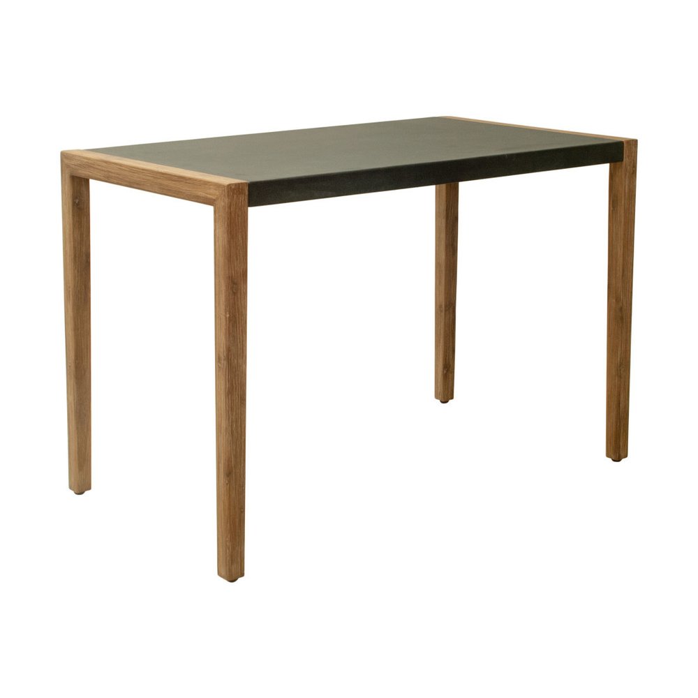 56" Gray And Natural Faux Concrete And Solid Wood Outdoor Bar Table. Outdoor table isolated on a plain white background, showing a tan wood surface.