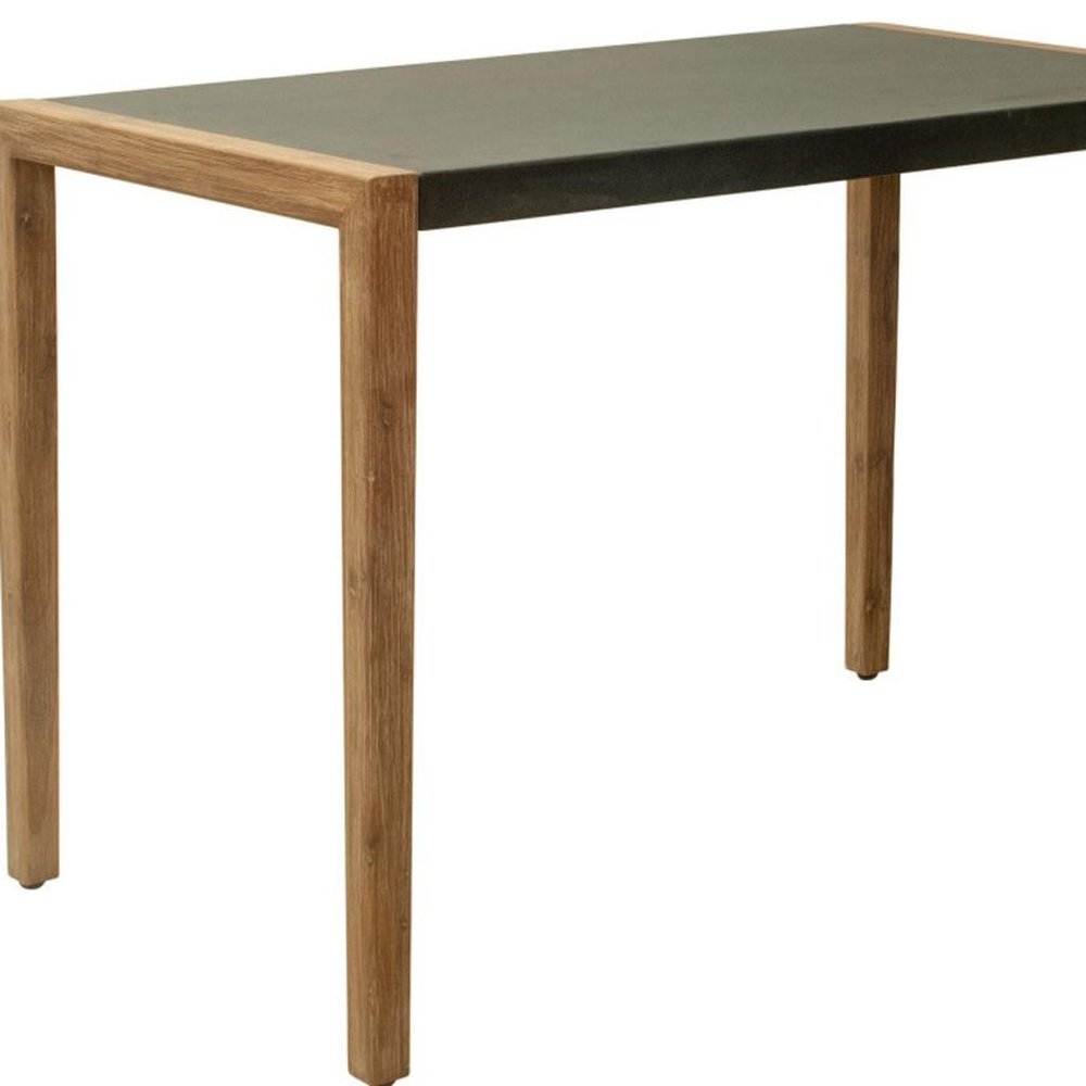 56" Gray And Natural Faux Concrete And Solid Wood Outdoor Bar Table. Outdoor table isolated on a plain white background, in a tan wood finish.