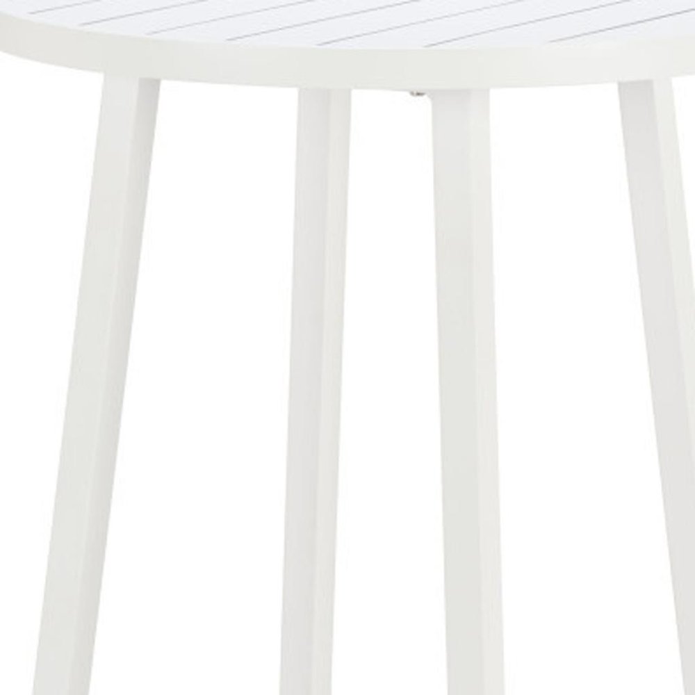 White aluminum outdoor bar table with a rounded top and slatted surface, shown against a white background.