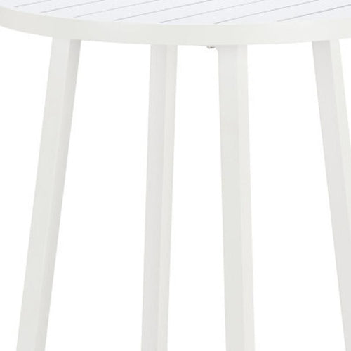 White aluminum outdoor bar table with a rounded top and slatted surface, shown against a white background.
