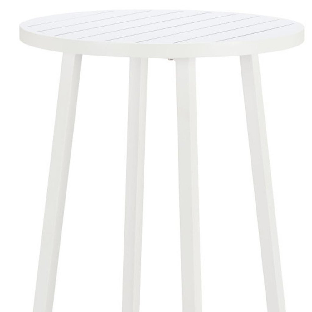 24" White Aluminum Slat Rounded Outdoor Bar Table. Outdoor table isolated on a plain white background, showing a white metal surface.