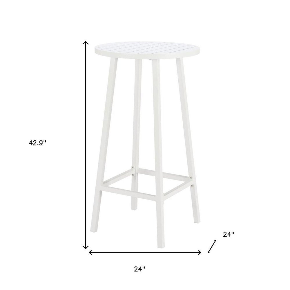24" White Aluminum Slat Rounded Outdoor Bar Table. Outdoor table isolated on a plain white background, in a white metal finish.