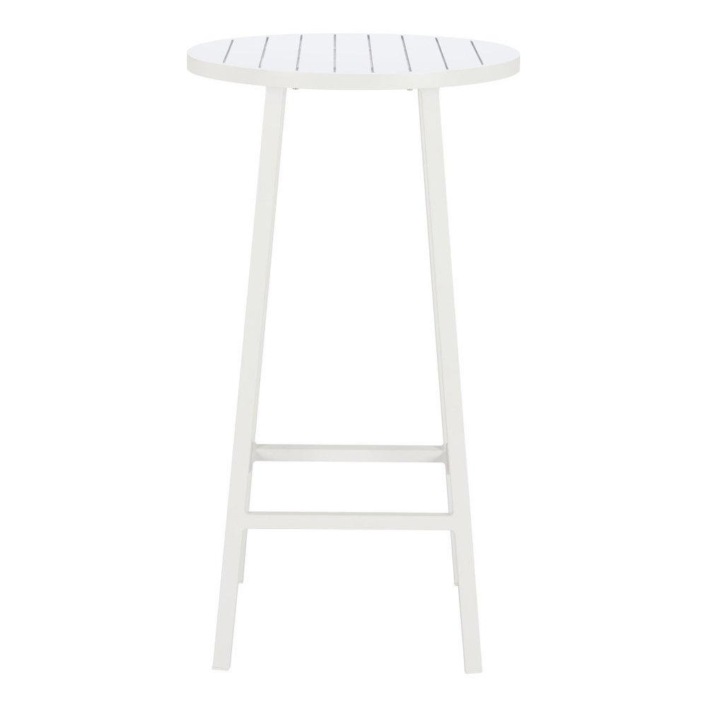 24" White Aluminum Slat Rounded Outdoor Bar Table. Outdoor table isolated on a plain white background, in a white metal finish.