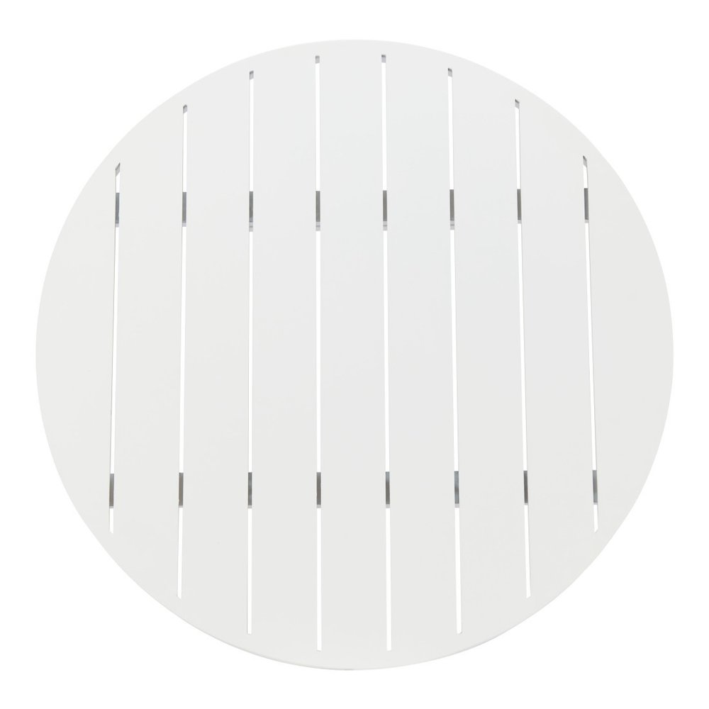 24" White Aluminum Slat Rounded Outdoor Bar Table. Outdoor table isolated on a plain white background, finished in white metal.