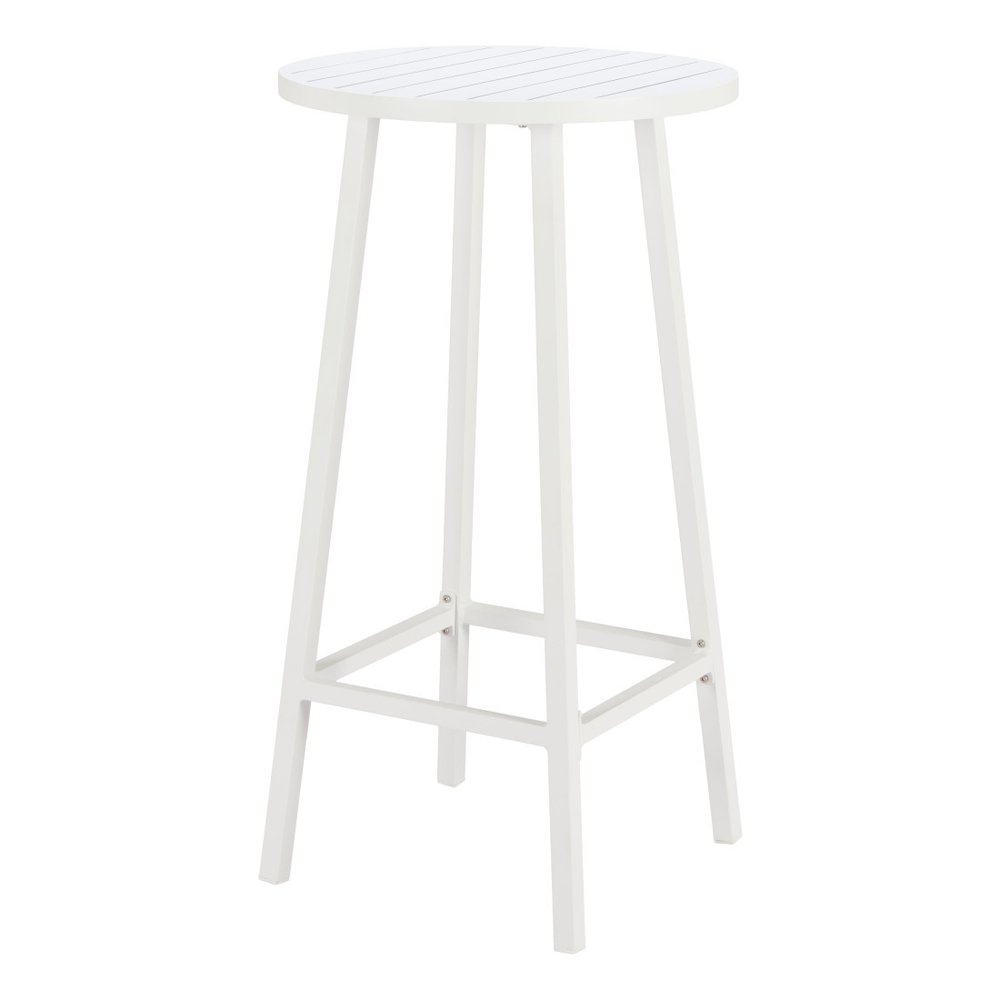 24" White Aluminum Slat Rounded Outdoor Bar Table. Outdoor table isolated on a plain white background, in a white metal finish.