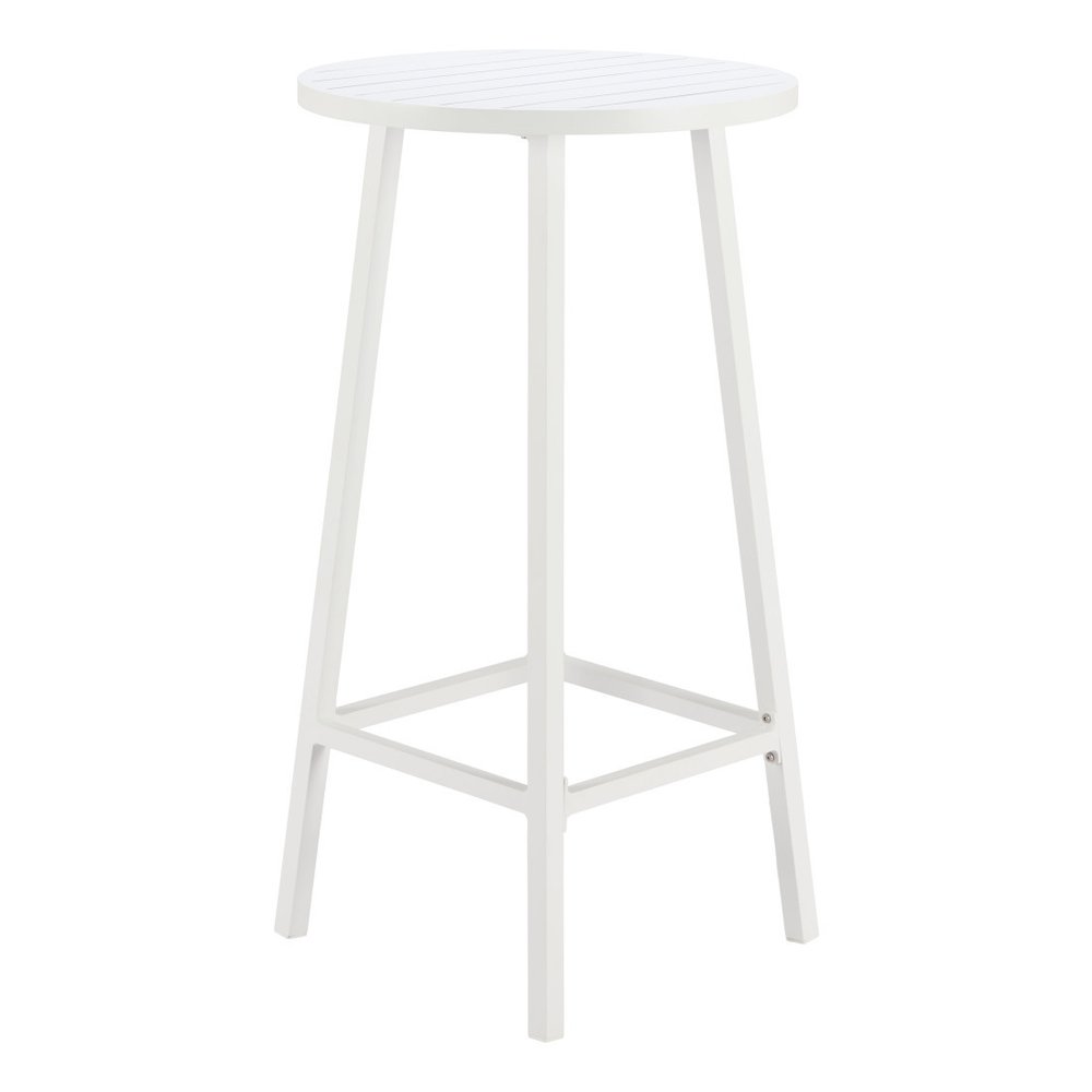 24" White Aluminum Slat Rounded Outdoor Bar Table. Outdoor table isolated on a plain white background, showing a white metal surface.