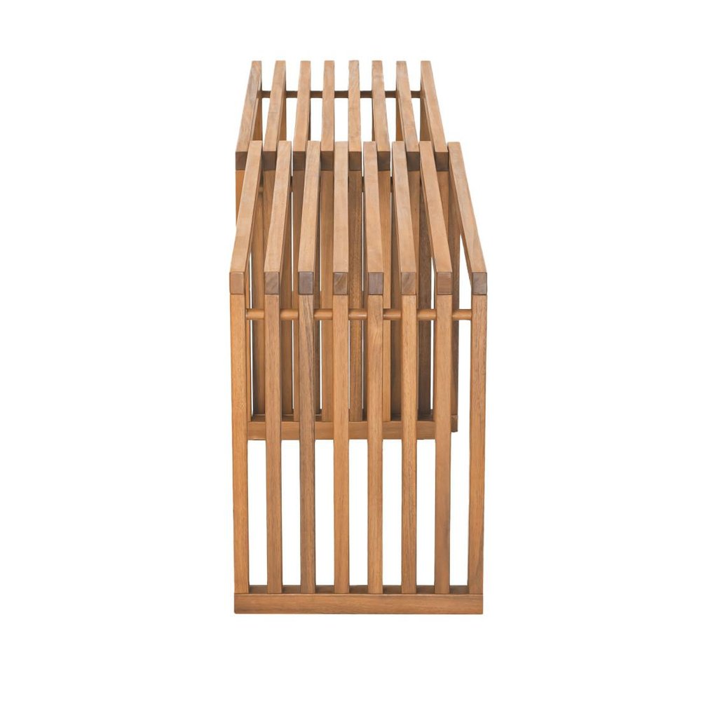 54" Natural Acacia Solid Wood Extendable Garden Patio Bench. Outdoor benche isolated on a plain white background, in a tan wood finish.
