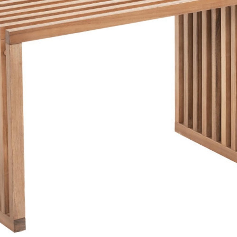 Close-up of a natural wood slatted bench with a white background.