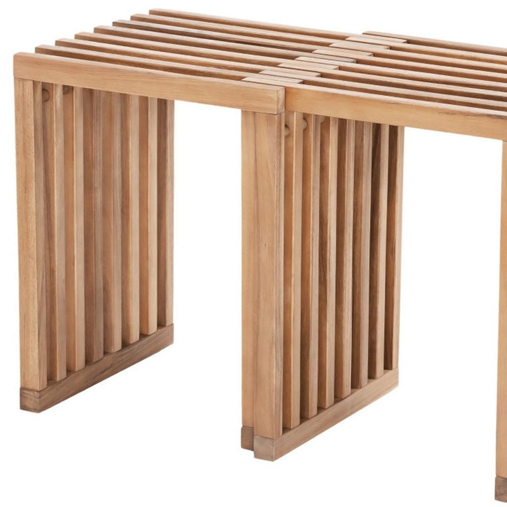 27" Natural Solid Wood Extendable Indoor Outdoor Bench. Outdoor benche isolated on a plain white background, in a tan wood finish.