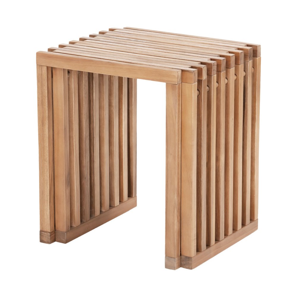 27" Natural Solid Wood Extendable Indoor Outdoor Bench. Outdoor benche isolated on a plain white background, in a tan wood finish.