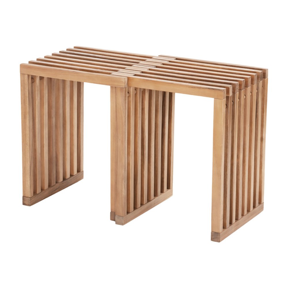 27" Natural Solid Wood Extendable Indoor Outdoor Bench. Outdoor benche isolated on a plain white background, showing a tan wood surface.