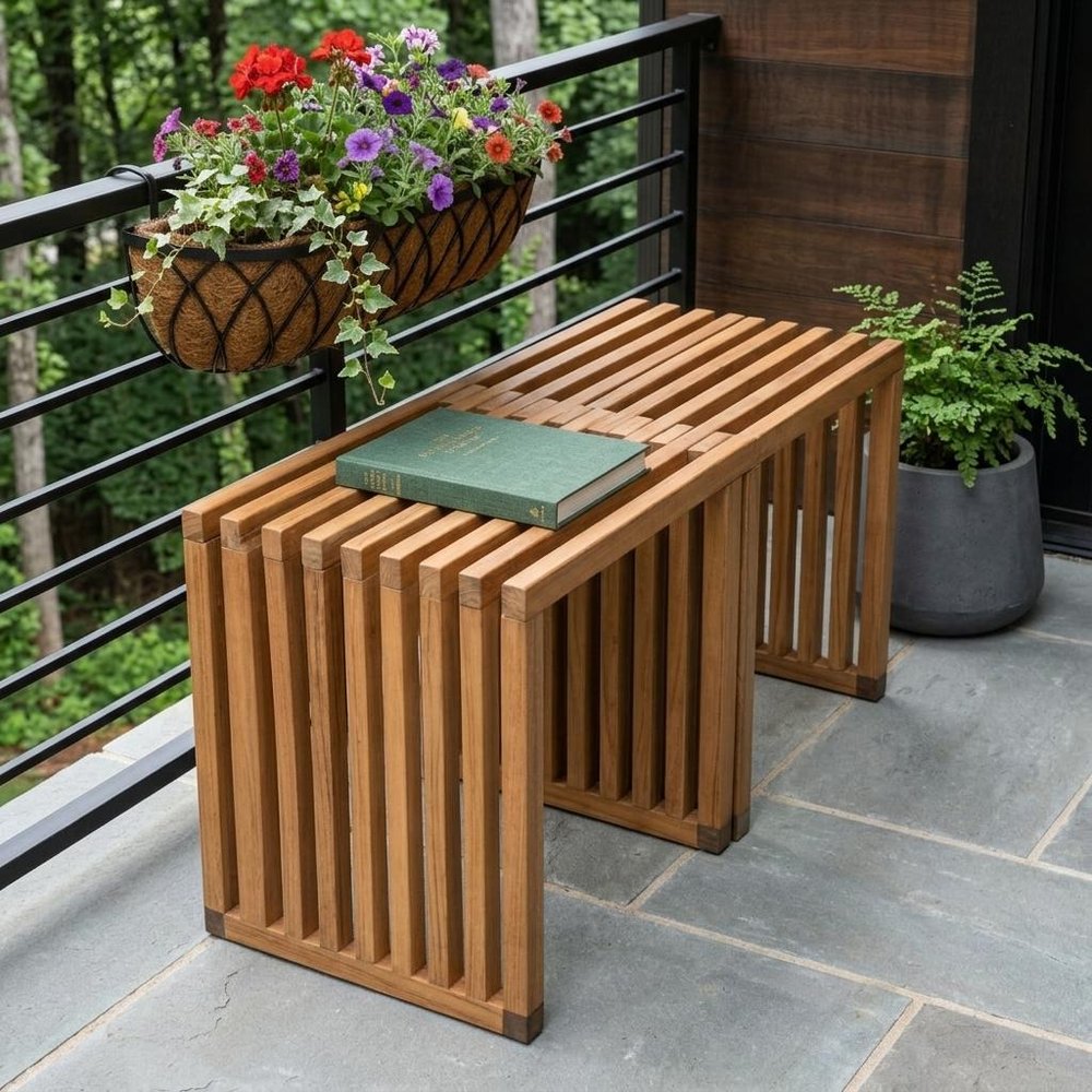 27" Natural Solid Wood Extendable Indoor Outdoor Bench shown outdoors on a tiled patio with greenery.