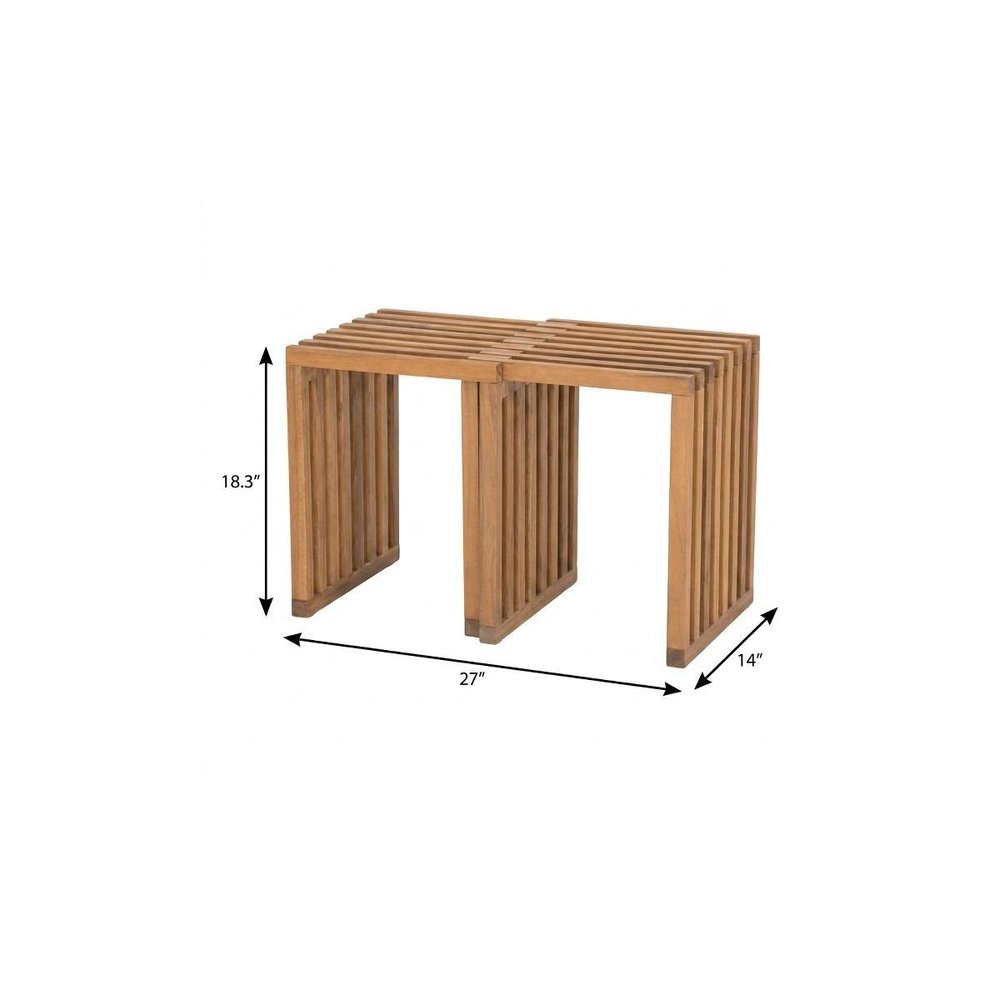 27" Natural Solid Wood Extendable Indoor Outdoor Bench. Outdoor benche isolated on a plain white background, showing a tan wood surface.