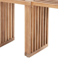 Close-up of a natural solid wood bench with slatted sides and top, on a white background.