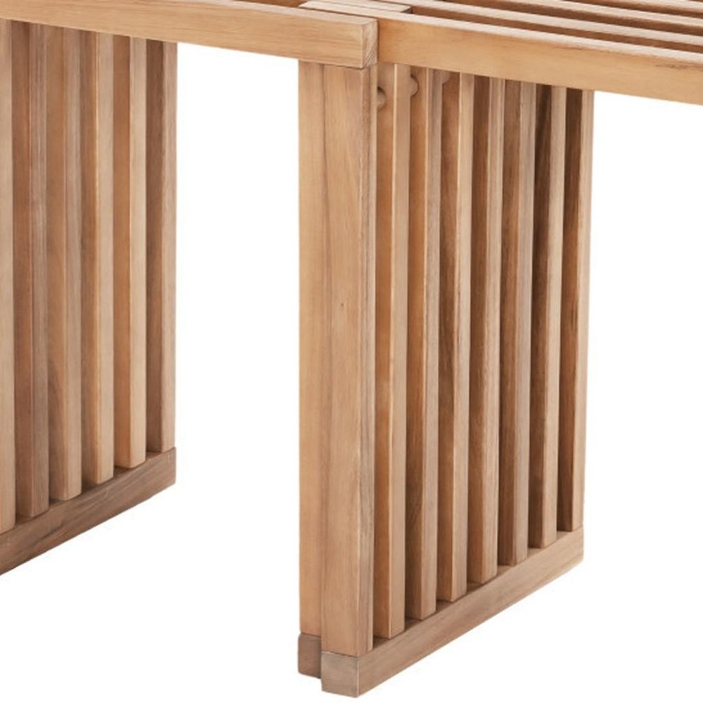 Close-up of a natural solid wood bench with slatted sides and top, on a white background.