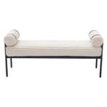 Cream corduroy upholstered bench with black steel frame and bolster pillows on a white background.