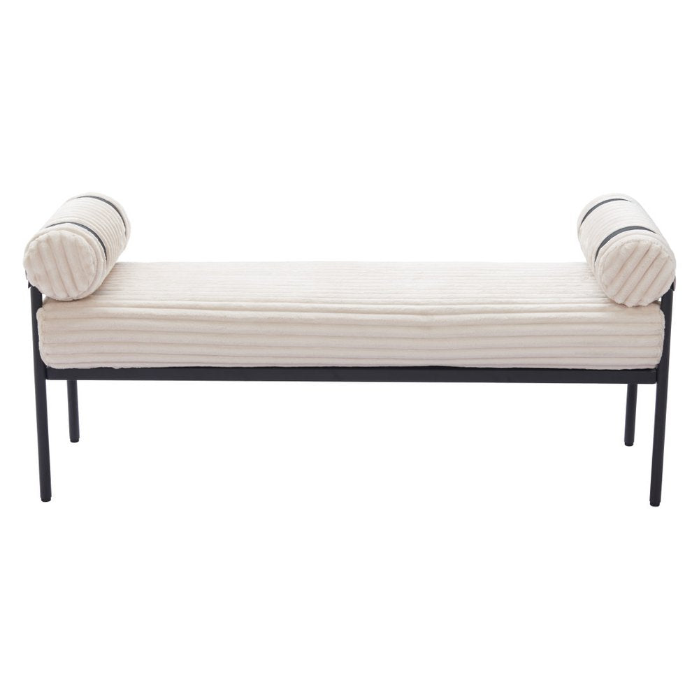 Cream corduroy upholstered bench with black steel frame and bolster pillows on a white background.