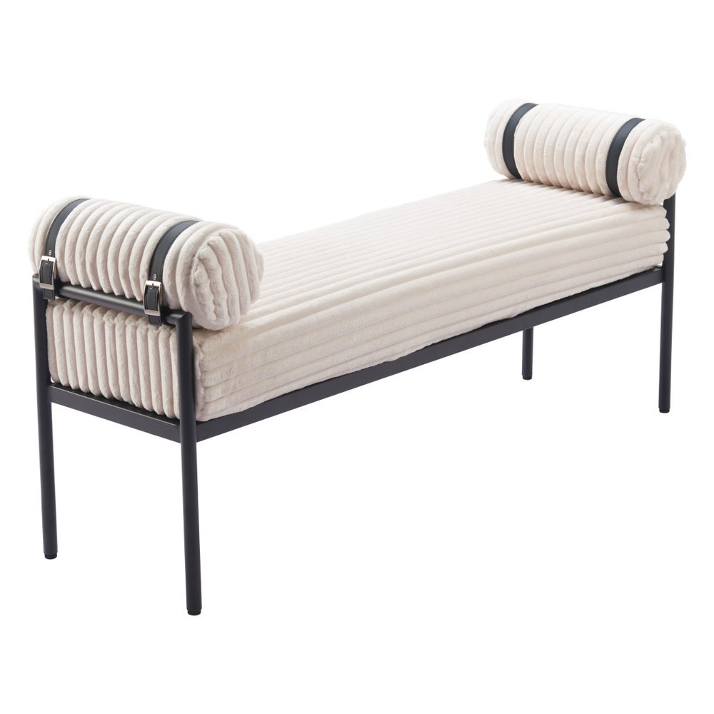 55" Cream and Black Corduroy and Steel Upholstered Bench