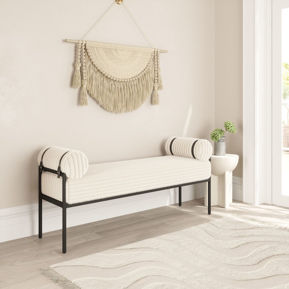 55" Cream and Black Corduroy and Steel Upholstered Bench