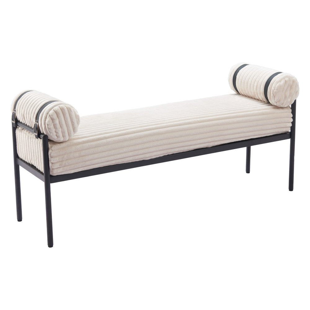 55" Cream and Black Corduroy and Steel Upholstered Bench
