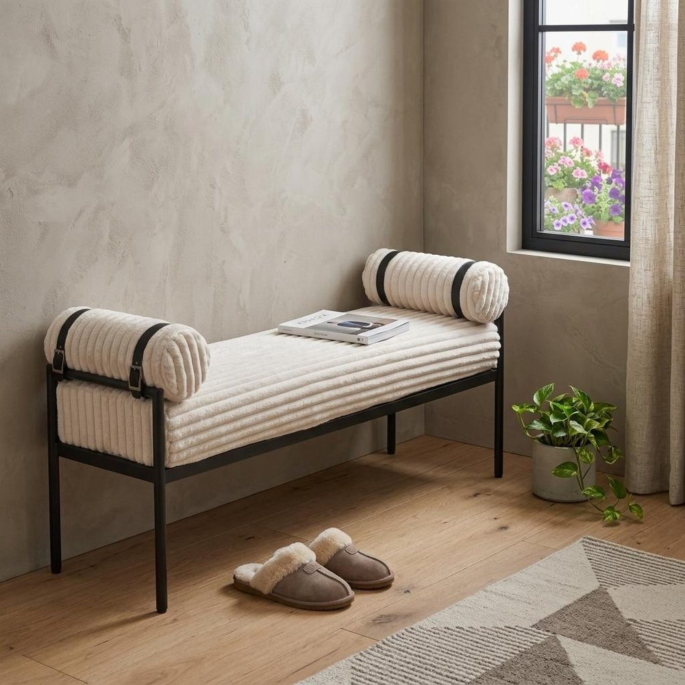 55" Cream and Black Corduroy and Steel Upholstered Bench styled in a furnished interior with a tan wall on a wood floor.