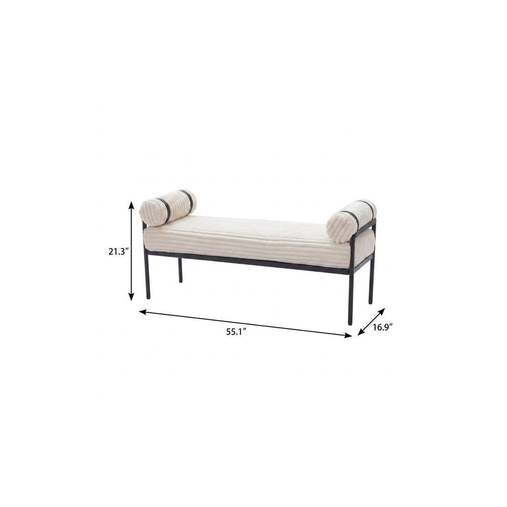 55" Cream and Black Corduroy and Steel Upholstered Bench. Bench isolated on a plain white background, in a cream metal finish.