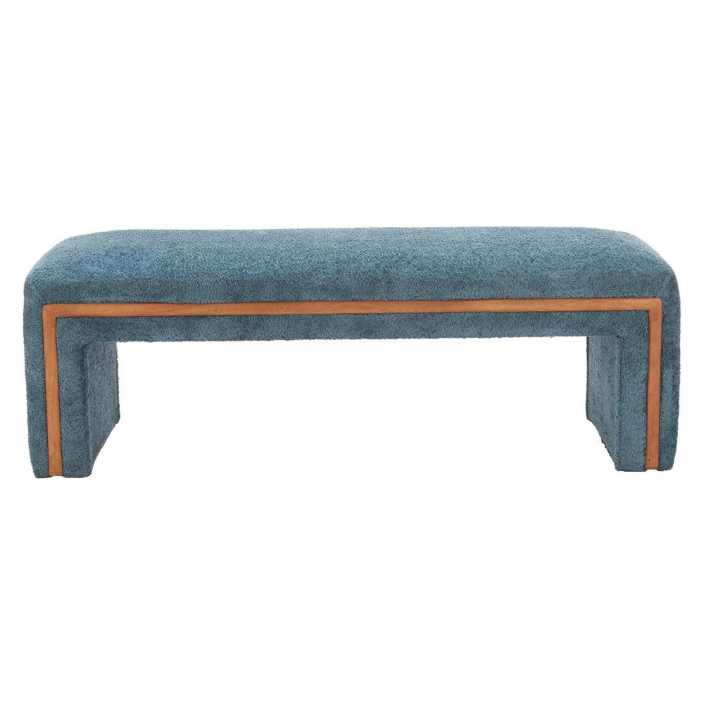 56" Blue and Brown Fabric and Solid Wood Upholstered Bench. Bench isolated on a plain white background, finished in brown wood.