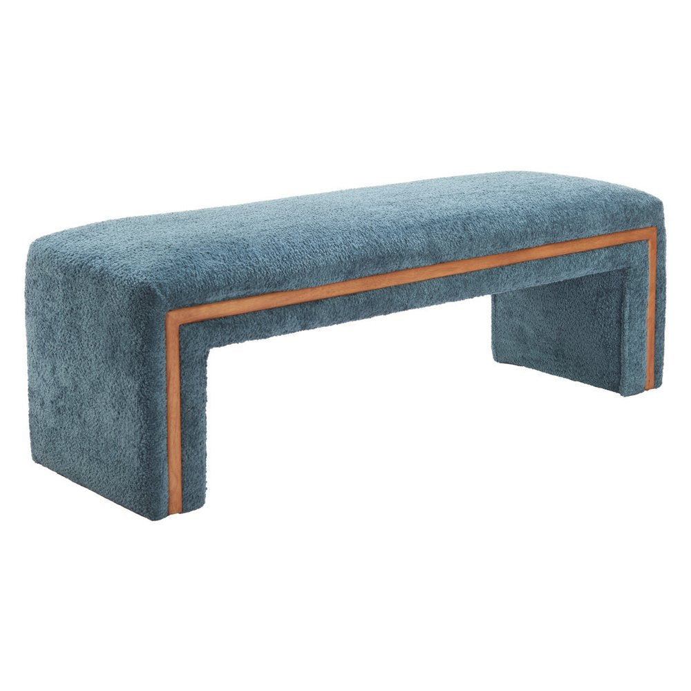 56" Blue and Brown Fabric and Solid Wood Upholstered Bench. Bench isolated on a plain white background, in a blue wood finish.