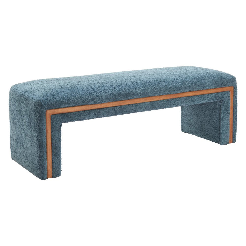 56" Blue and Brown Fabric and Solid Wood Upholstered Bench. Bench isolated on a plain white background, finished in blue wood.
