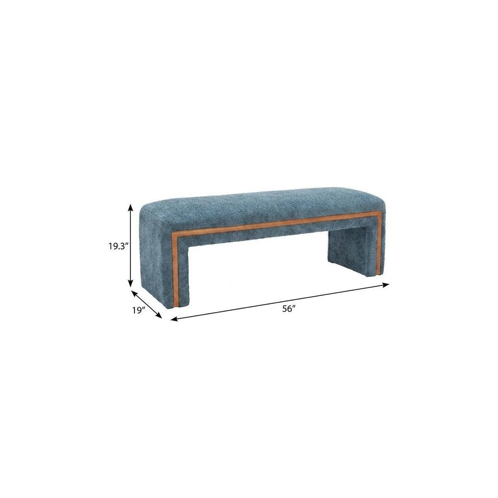 56" Blue and Brown Fabric and Solid Wood Upholstered Bench. Bench isolated on a plain white background, in a blue wood finish.