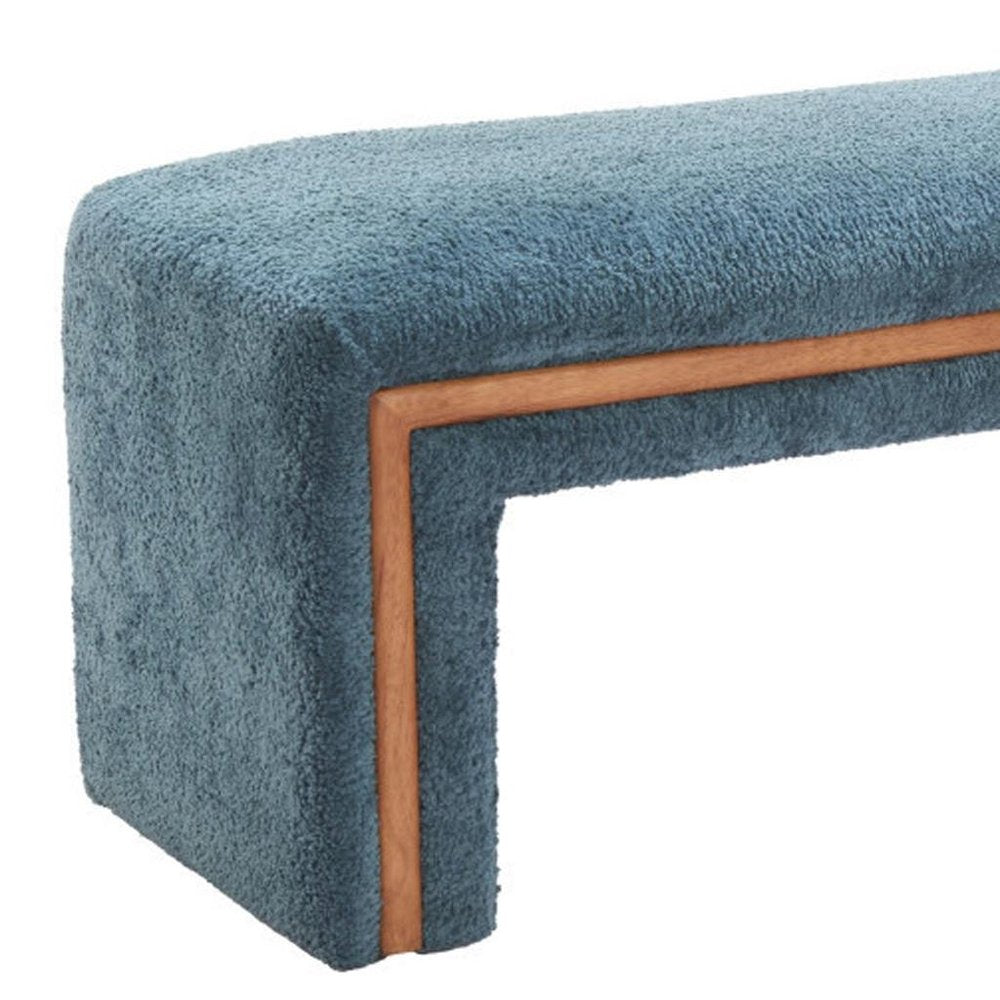 Blue boucle upholstered bench with a solid wood frame, shown against a white background.
