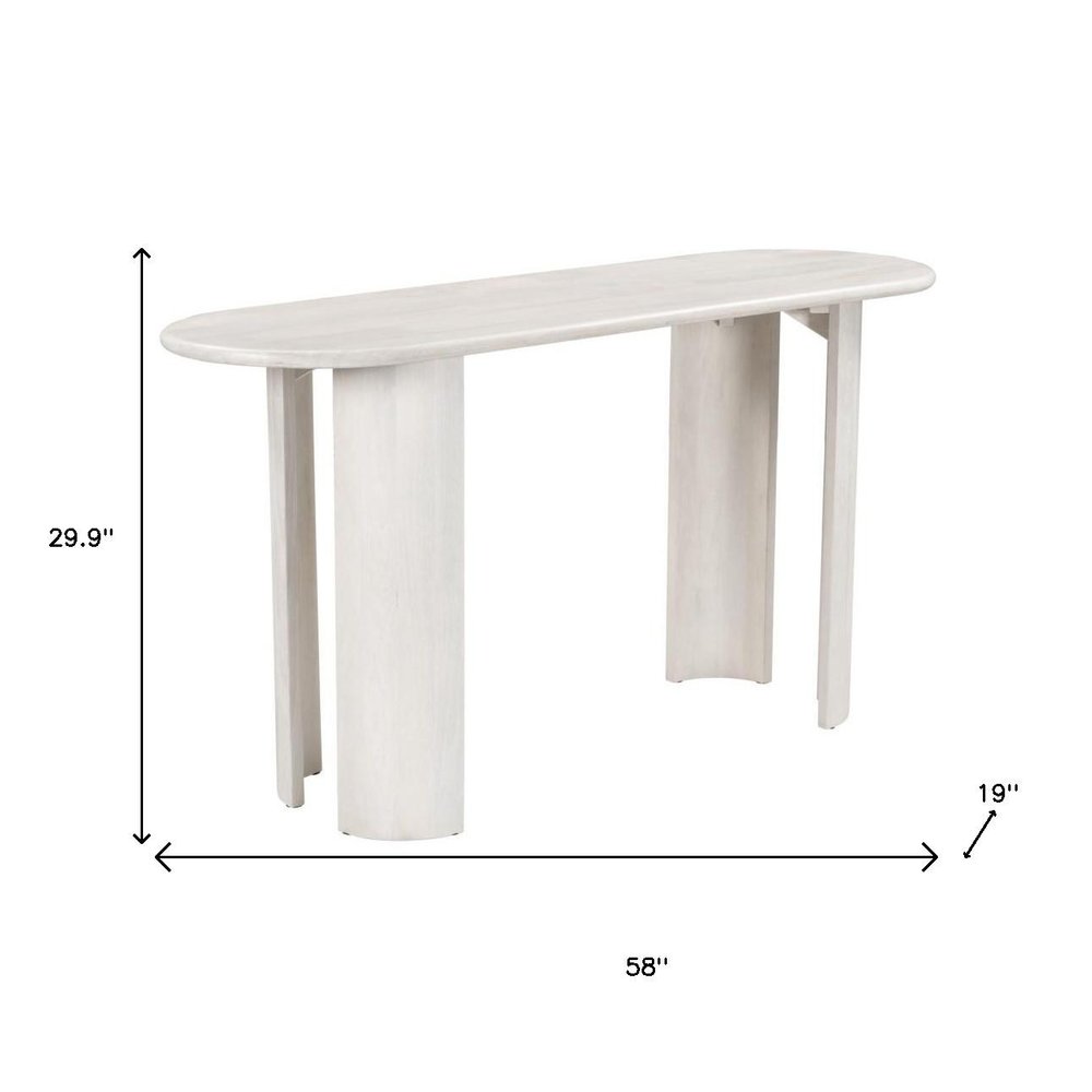 58" White Solid Wood Oval Console Table. Console table isolated on a plain white background, in a white wood finish.