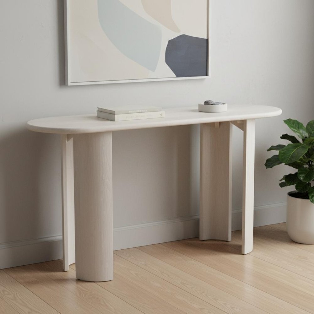 58" White Solid Wood Oval Console Table. Console table in white wood.