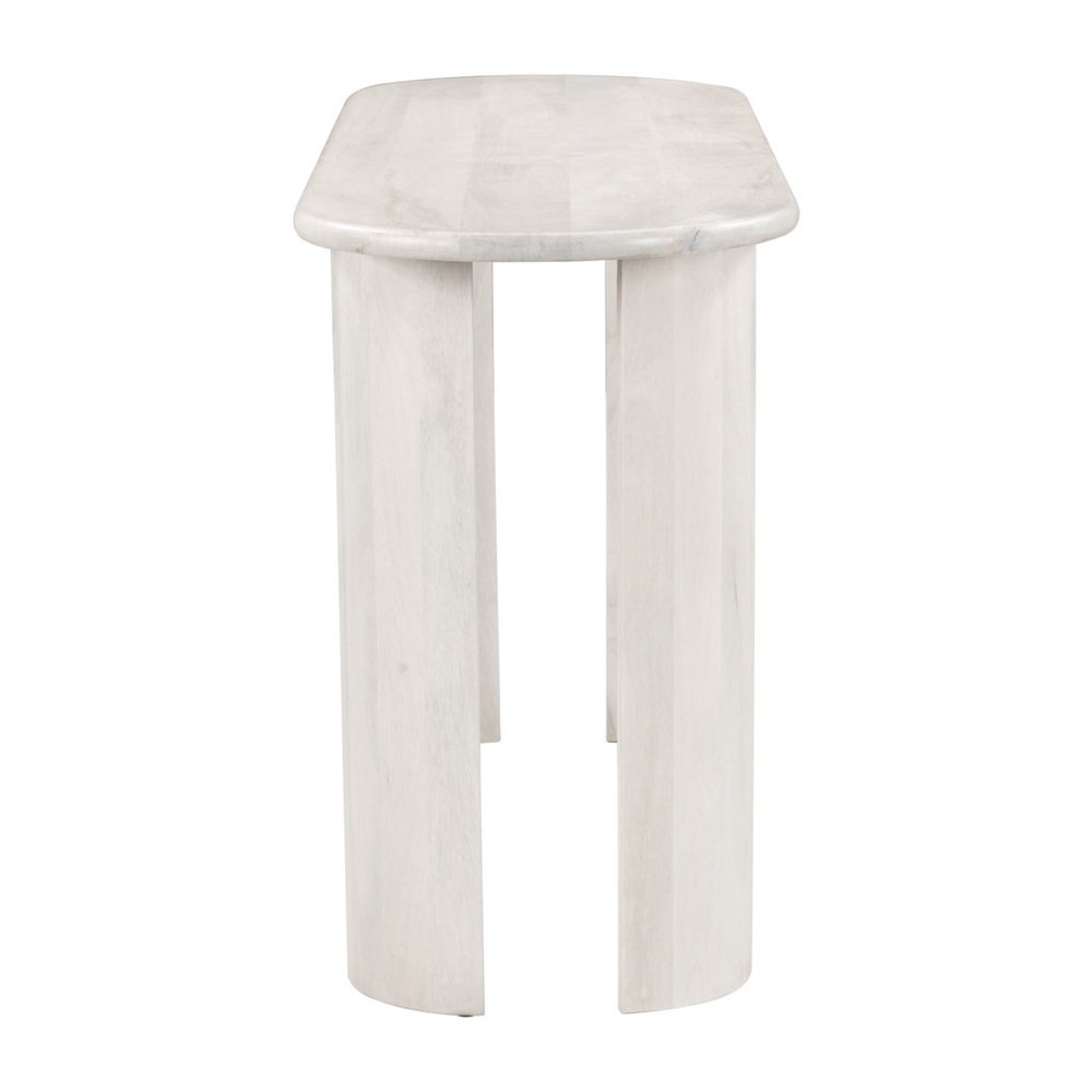 58" White Solid Wood Oval Console Table. Console table isolated on a plain white background, showing a white wood surface.