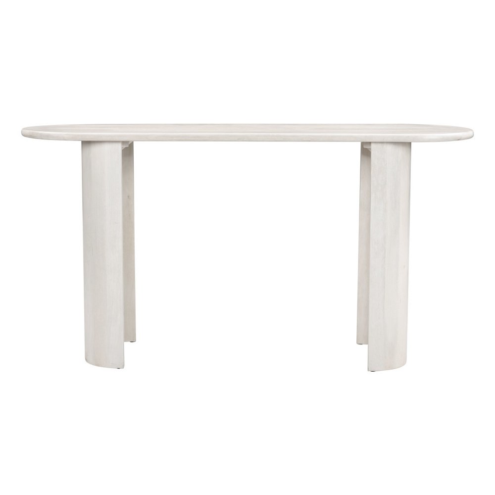 58" White Solid Wood Oval Console Table. Console table isolated on a plain white background, finished in white wood.