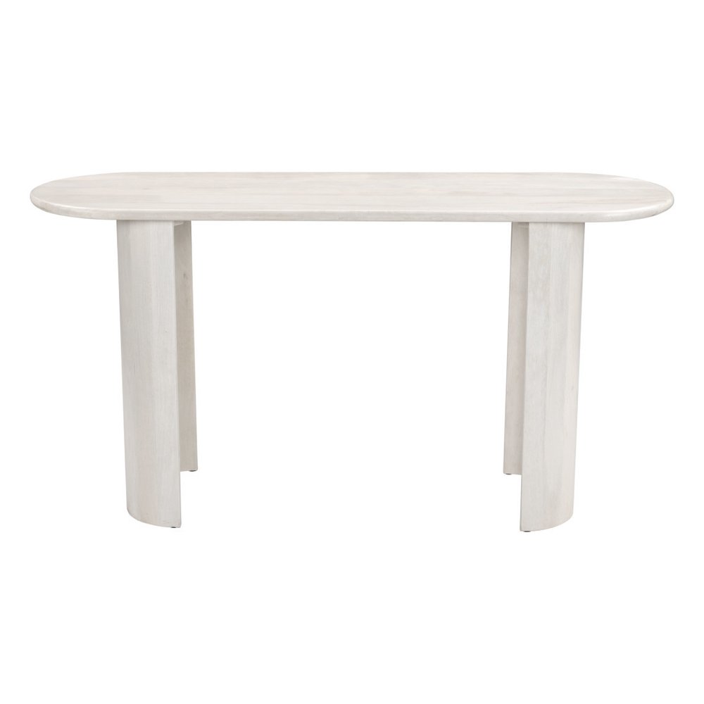 58" White Solid Wood Oval Console Table. Console table isolated on a plain white background, showing a white wood surface.
