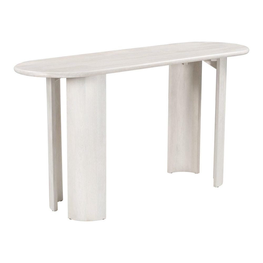 58" White Solid Wood Oval Console Table. Console table isolated on a plain white background, in a white wood finish.