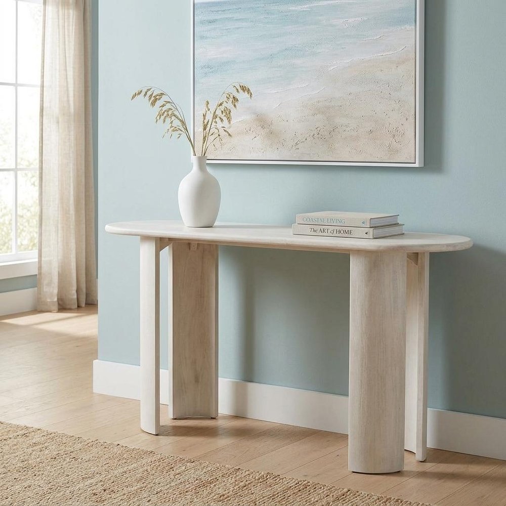 58" White Solid Wood Oval Console Table. Console table in white wood.