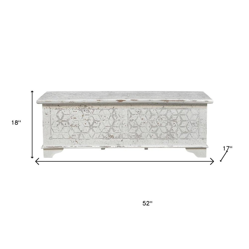 52" White Solid Wood Geometric Ottoman. Ottoman isolated on a plain white background, finished in white wood.
